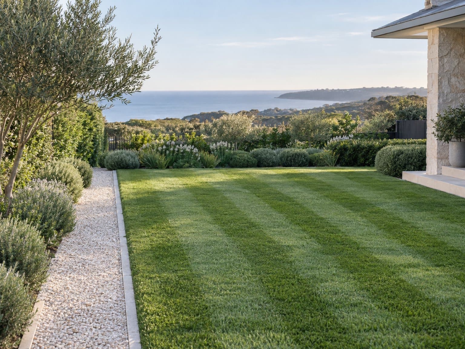 Illustrative finished-lawn preview on a coastal Mornington Peninsula property